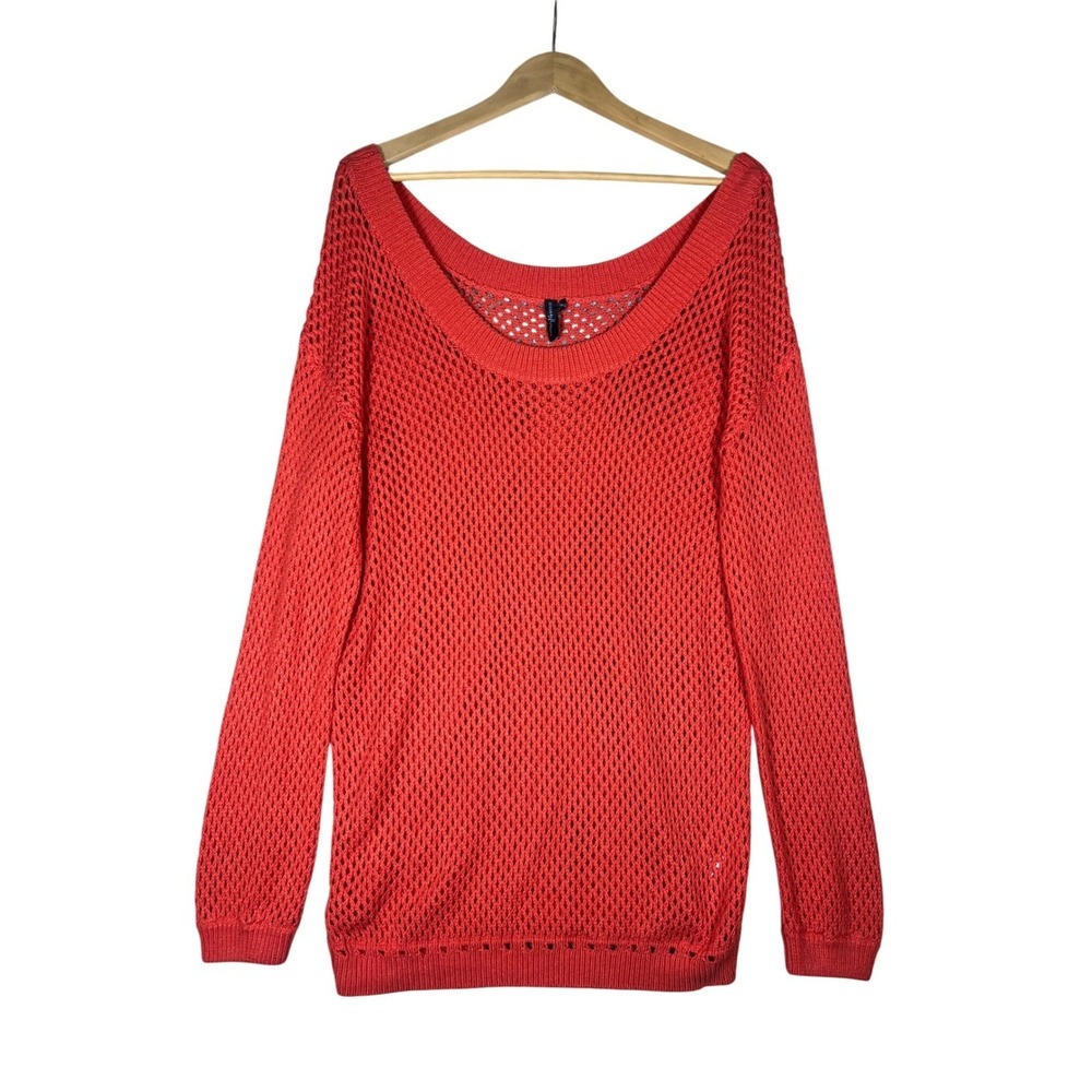 Guess by Marciano Women Coral Orange Open Knit Mesh Scoop Neck‎ Sweater Large